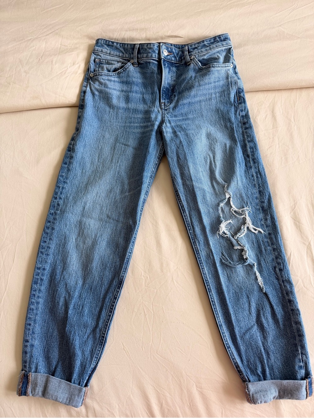 Express Women's Boyfriend Jeans - Medium Blue with Distressed Detail